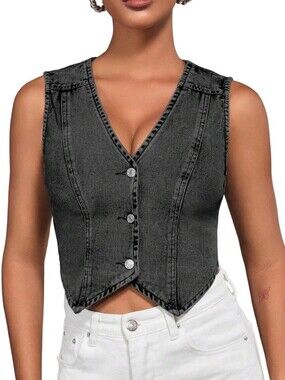 SHENHE Button Down Denim Vest Y2K Cropped Top – Women's Size Small – Black